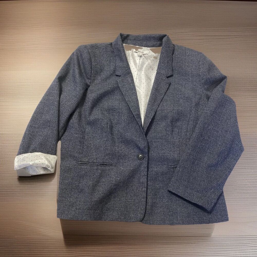 Women's Kensie Dress Blazer XL Blue Plaid Casual Wear Roll Up Sleeves Lined